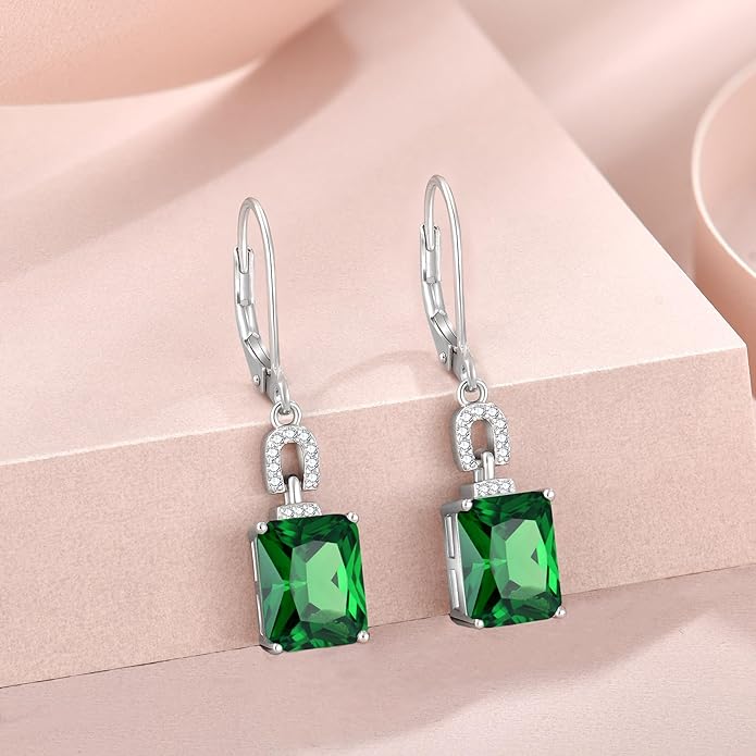 Emerald Cut Earrings 925 Sterling Silver Baguette Birthstone Dangle Drop Leverback Earrings Jewelry Gifts for Women