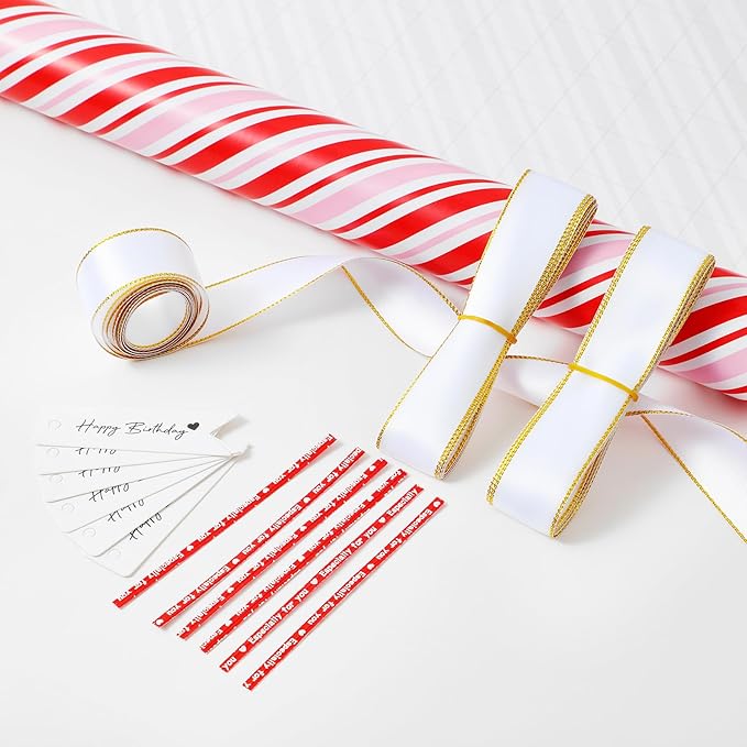 Miss DuiDui Gift Wrapping Paper Roll, 17 Inch x 32.8 Feet, Red Pink White Stripe for Birthday, Baby Shower, Valentine's Day, Anniversary, Wedding, Christmas