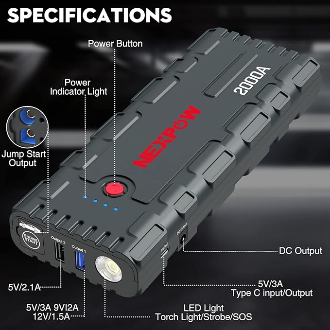 NEXPOW 2000A Peak Car Battery Jump Starter with USB Quick Charge 3.0 (Up to 7.0L Gas or 6.5L Diesel Engine), 12V Portable Jump Box, Battery Booster with Built-in LED Light, Jumper Cables