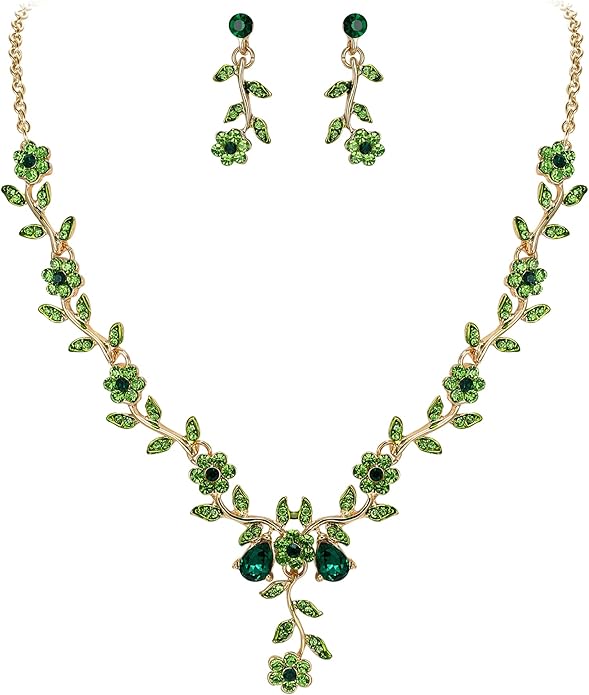 BriLove Women's Wedding Jewelry Leaf Cluster Flower Crystal Dangle Earrings Pendant Necklace Set for Bridal