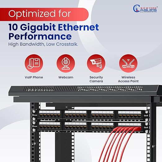 NewYork Cables 24 Port Cat6 Patch Panel – 10Gb Ethernet, 1U Rackmount 19-Inch, T568A/B Color-Coded Labels, Unshielded, 110/Krone Compatible, Black
