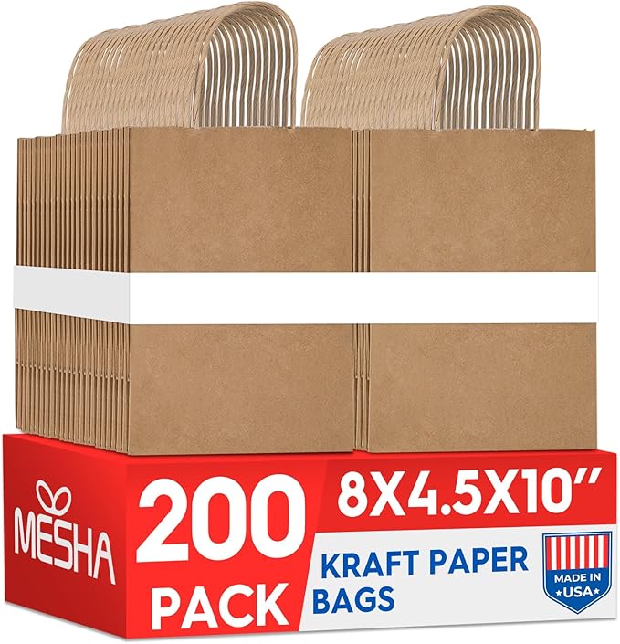 MESHA Gift Paper Bags 200 PACK 8x4.25x10.5'' Brown Medium Shopping Kraft Bags Bulk with Handles Reusable for Business,Grocery,Birthday,Wedding,Kids Party,Favors