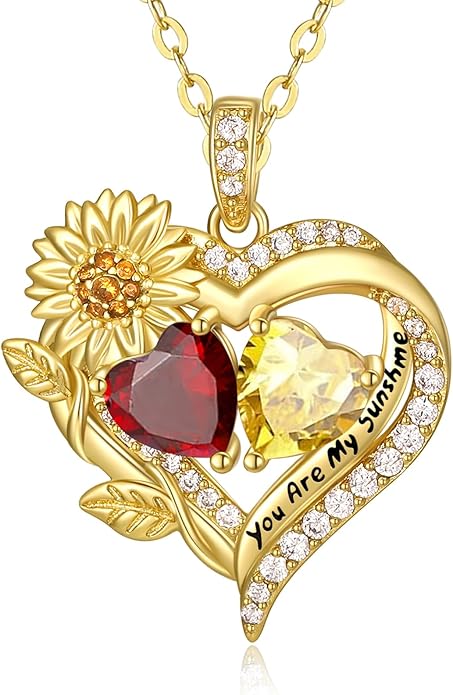 Sunflower Heart Necklace for Women 14K Gold Exquisite Valentines Day Anniversary Birthday Gifts for Wife Mother Her Double Birthstone Pendant Jewelry‘You Are My Sunshine’