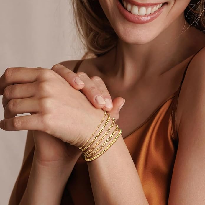 adoyi Valentines Day Gifts for Her Gold Bracelets for Women, 14K Gold Plated Stackable Bracelet Stack Set Adjustable Charm Paperclip Chain Cuban Link Layered Waterproof Jewelry Sets Gifts for Womens