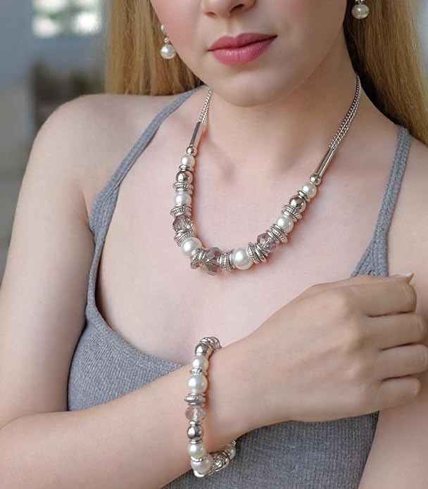 PEARL&CLUB Silver Beaded Statement Necklaces for Women Chunky Bead Necklace Bracelet and Earring Costume Jewelry Sets Gifts for Mom