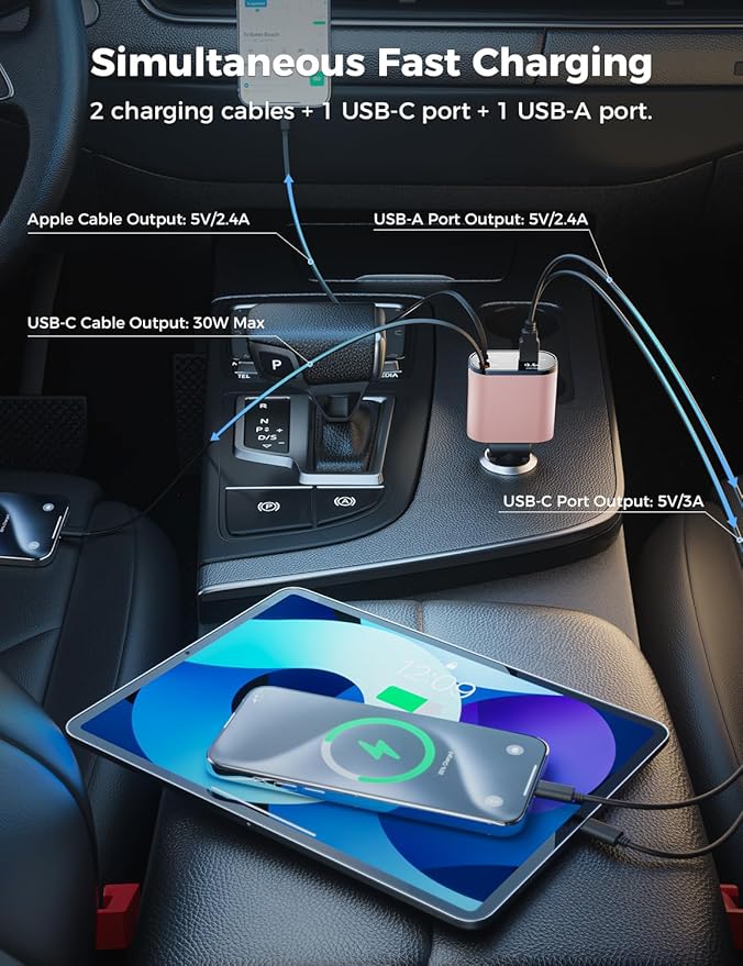 【Upgraded】 SUPERONE Retractable Car Charger 4 in 1, Fast Car Phone Charger with Cord 2.6ft, USB C Car Charger Adapter, Compatible with iPhone 15/15 Pro Max/14/13/12/11, Galaxy, Pixel
