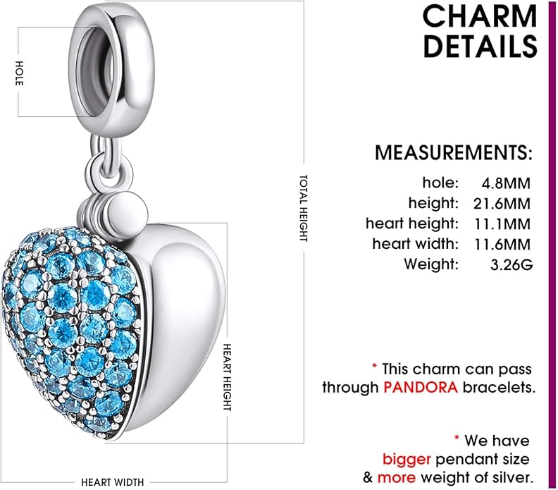 NINGAN “I Love You” Dangle Charm Love Heart Pendant Bead for Women Wife Girlfriend with 5A Cubic Zirconia for Charm Bracelets 925 Sterling Silver
