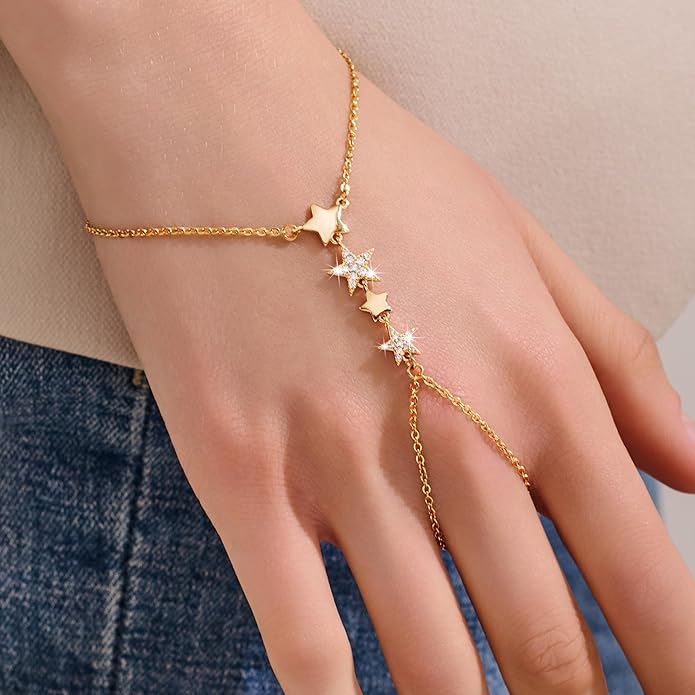 YOIHUR Champagne Gold Plated Hand Chains for Women, Adjustable Hand Chain Bracelet and Ring, Gold Hand Chain Bracelets Stack Jewellery Stars and Cubic Zirconia Hand Jewelry for Valentine's Day