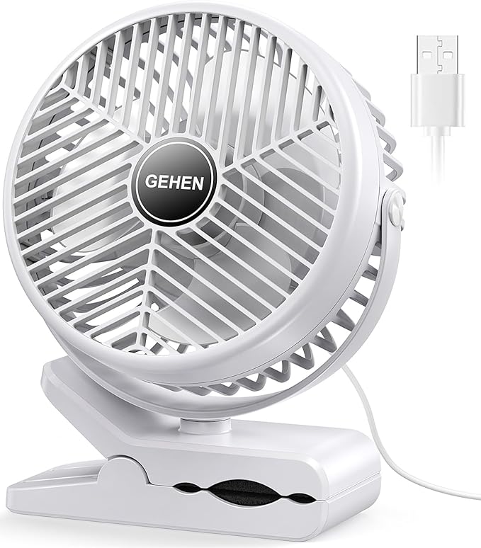 GEHEN Small Clip on Fan, 3-Speed Fan with Strong Airflow, USB-Powered Clip & Desk Fan with Sturdy Clamp, Ultra Quiet for Office Dorm Bedroom Stroller