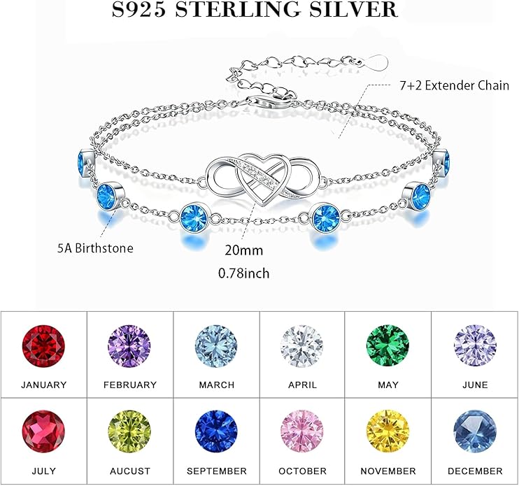 Prismata Infinity Birthstone Charm Link Bracelet 925 Sterling Silver Adjustable 12 Months Birthstone Infinity Bracelet Birthday Jewelry Gifts for Women Mom Her,with 7"+2" chain