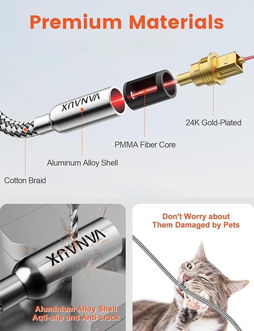 VANAUX Digital Optical Audio Cable 15FT (24K Gold Plated Connectors, Aluminum Alloy Shell,Braided Jacket) S/PDIF Toslink Cable Fiber Optic Cable for Home Theater, Soundbars, Gaming Consoles