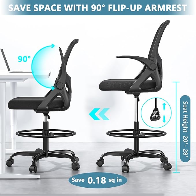 Tall Drafting Chair with Footrest Ring for Home and Work, Ergonomic Home Desk Office Chair with Flip up Arms and Lumbar Support, Extended Height Executive Desk Office(Black)