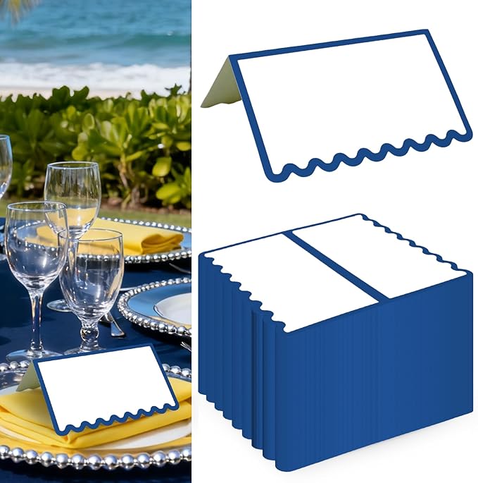 150 PCS Blue Scalloped Place Cards 2 x 3.5 Inch Blank Tented Place Card Name Cardstock Seat Assignment Label Card Reserved Table Signs Seating Signs for Birthday Party Wedding Setting