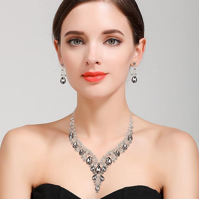 BriLove Women's Wedding Bridal Austrian Crystal Teardrop Flower Cluster Statement Necklace Dangle Earrings Jewelry Set for Party Prom