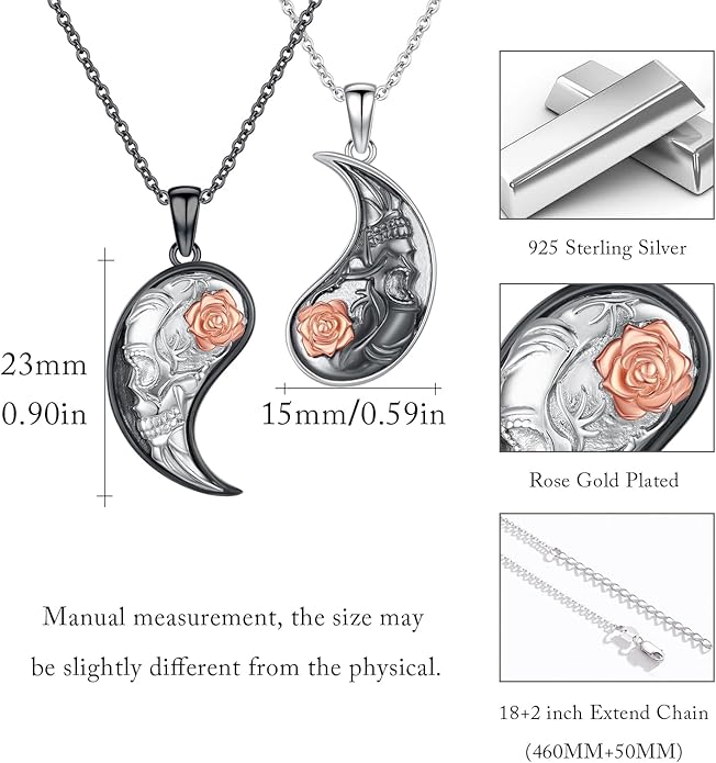 MEDWISE Yin Yang Skull Necklaces 925 Sterling Silver Yin Yang Matching Couples Pendant Friendship Couples BFF Pendant Necklace Jewelry for Her Him with Gifts Box Valentines Gifts