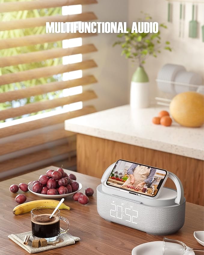 Bluetooth Speaker with Wireless Charger, FM Radio, Dimmable Bedside LED Night Light, Stereo Sound Dual Wireless Speakers, 2500mAh Portable Speaker for Home Decoration, Bedroom, Office, Gift