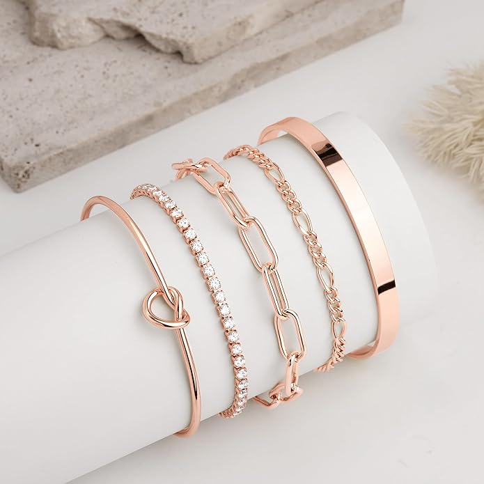 Gold Bracelets Set for Women Non Tarnish, 14K Gold Plated Sterling Silver Chunky Cuff Bracelet Stackable Gold Bangles Bracelet for Women Trendy Fashion Accessories Tie Knot Cuban Rope Paperclip Beaded Bracelet Stack Jewelry Valentines Day Gifts