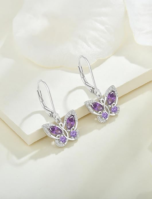 Starchenie Butterfly Earrings for Women 925 Sterling Silver Leverback Earrings Birthstone Butterfly Jewelry Gifts