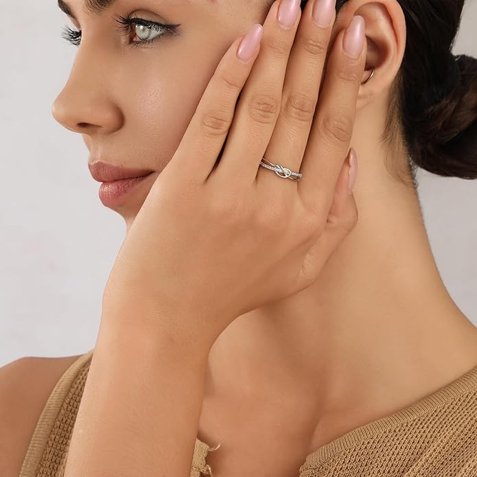 OOOPEL Sterling Silver Adjustable Ring S925 Silver Rings for Women Cubic Zirconia Twist Love Knot Dainty Ring Silver Minimalist Open Finger Rings Silver Thumb Sterling Silver Ring