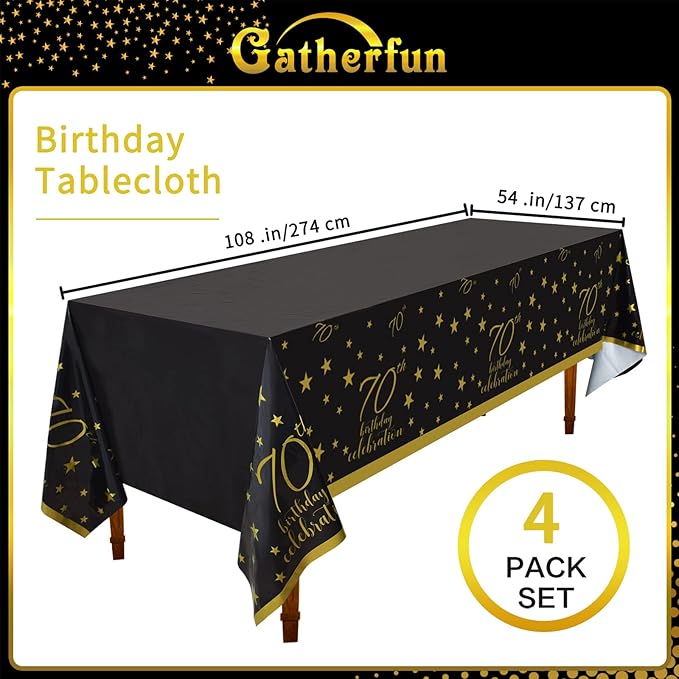 Gatherfun 70th Birthday Disposable Tablecloth 4 Pack Gold and Black Waterproof Plastic Table Cover for Men Woman 70 Birthday Party Decorations
