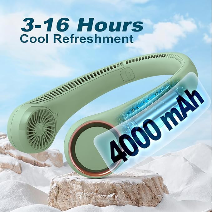 CIVPOWER Neck Fan: Portable Personal Neck Cooling Rechargeable Bladeless Fan - Hands Free 3 Speed 4000 mAh Battery USB Operated Wearable Headphone Design - for Men Women Outdoor Indoor (Light Green)