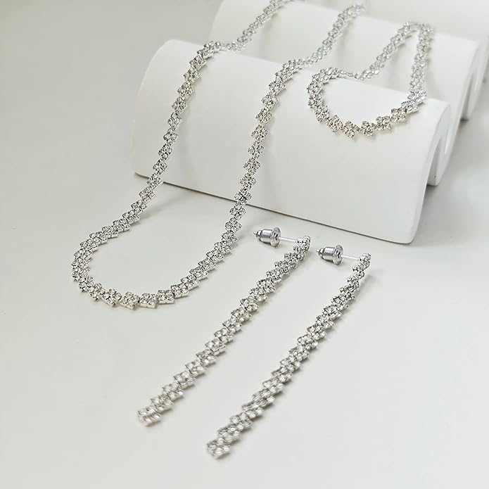 Tennis Necklace Bracelet for Women, Dainty Sterling Sliver Choker Necklace Crystal Link Bracelet Stud Earrings for Women Wedding Jewelry for Bride Jewelry Set Accessories