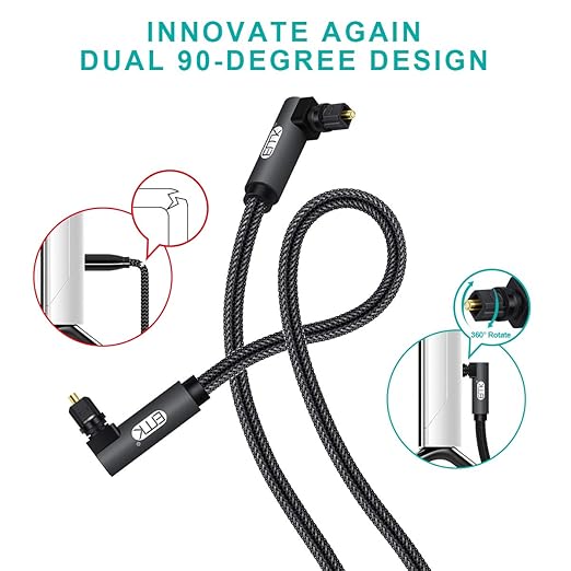 EMK 【Upgraded】 Double 90 Degree Optical Audio Cable Free-Rotating Toslink Plug Nylon Braided S/PDIF Digital Right Angle Optical Male to Male Cable for Home Theater,Sound Bar,TV(3.3ft/1m)