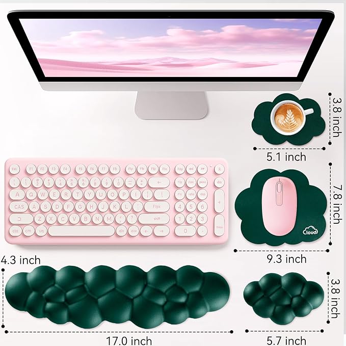 Cloud Wrist Rest for Computer Keyboard, 4-in-1 Memory Foam Leather Cloud Keyboard Wrist Rest and Mouse Pad Set with Ergonomic Support for Arm and Palm Cushion, Gaming/Work Setup, Dark Green