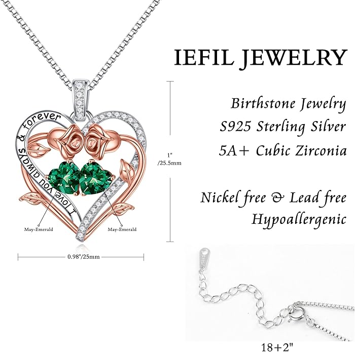 Iefil Valentines Gifts for Her Wife Women - Rose Heart Double Birthstone Necklace Gift for Wife Girlfriend Her Women, Birthstone Jewelry Gemstone Birthday Gifts for Mom Grandma Her