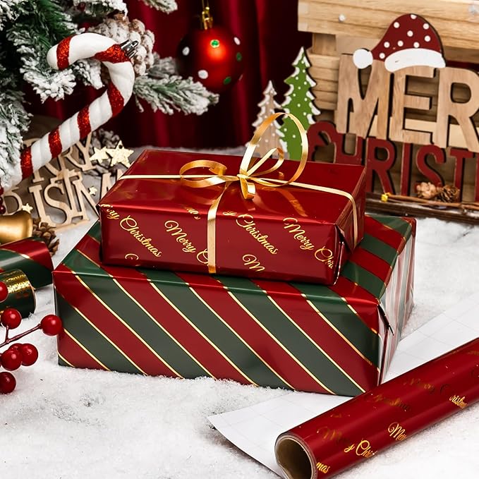 MAYPLUSS Shiny Christmas Wrapping Paper - 17In x 120In Per Roll - Classic Red & Green Stripe, Forest Green & Gold Snowflake, Red & Gold Merry Christmas Text Design Gift Wrap Paper for Holiday, Party