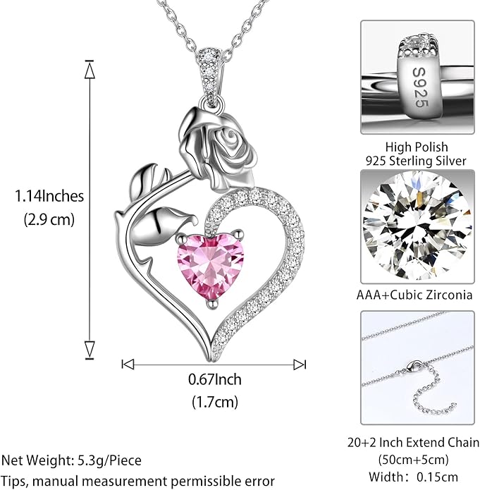 Jewmon Valentine Day Gifts for Her Rose Heart Birthstone Necklace for Women 925 Sterling Silver Birth Stone Flower Rose Necklace Anniversary Love GIfts for Girlfriend Wife Mom Birthday Gifts for Her