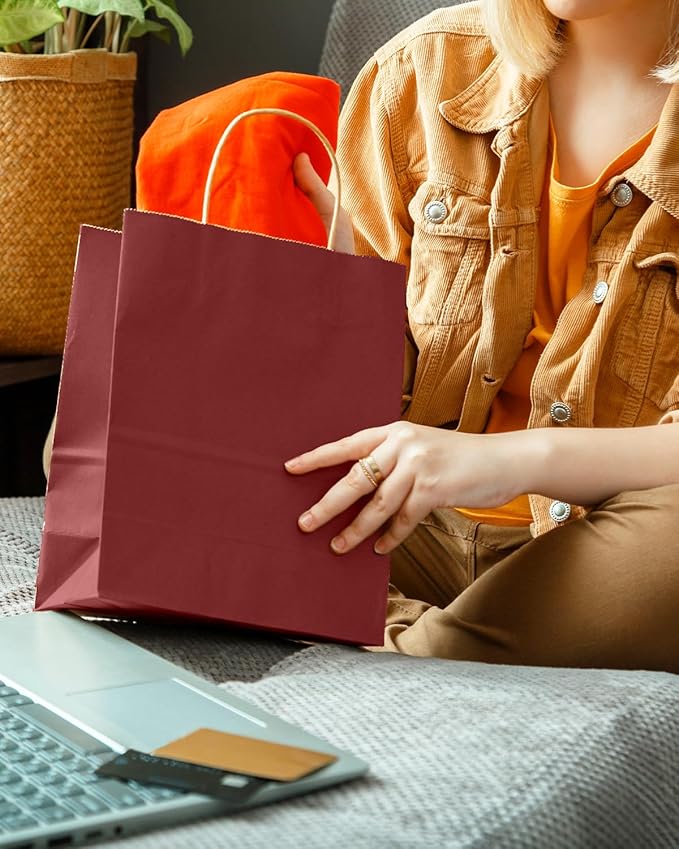 qiqee Brown Red Gift Bag with Handles Bulk 24Pcs Paper Bags -10.6"x8.3"x4.3"Party Favor Bags - Solid Color
