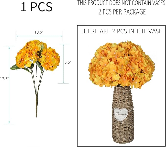 Kimura's Cabin 2 Bouquets Yellow Fake Flowers Vintage Artificial Silk Hydrangea Flowers 10Heads Faux Hydrangeas for Easter Home Table Centerpieces Wedding Party Autumn Decoration (Yellow)