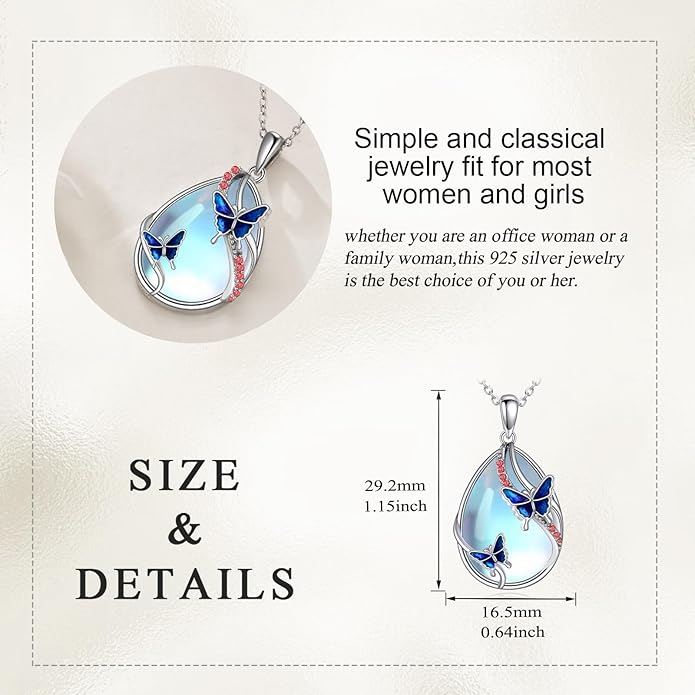 KQF Dragonfly/Butterlfy/Cat/Jellyfish/Bunny/Axolotl/Bee/Mermaid/Hummingbird/Elephant Necklace for Women Sterling Silver Moonstone Pendant Necklace Dragonfly Jewelry Gifts for Women