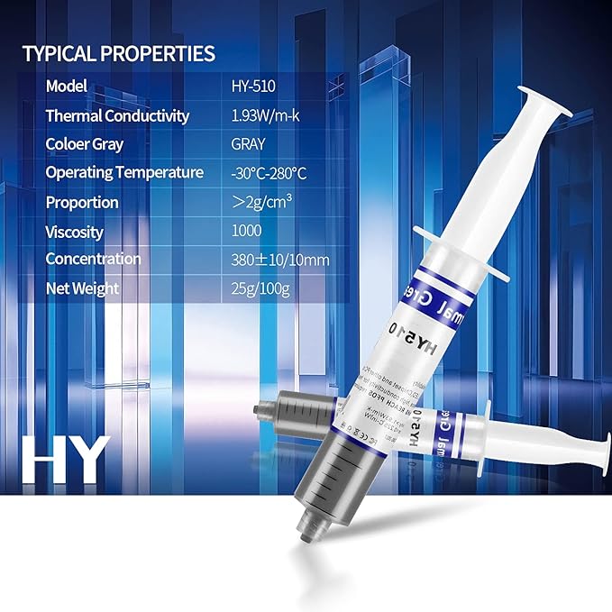 HY-510-100g (25g*4) Thermal Conductivity: >1.93W/m-k CPU Thermal heatsink Paste Silicone Grease Compound Non-Conductive for pc CPU gpu PS4 100 Gram