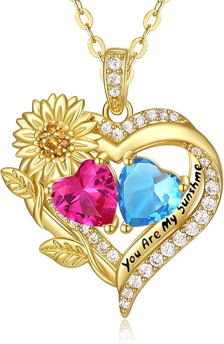 Sunflower Heart Necklace for Women 14K Gold Exquisite Valentines Day Anniversary Birthday Gifts for Wife Mother Her Double Birthstone Pendant Jewelry‘You Are My Sunshine’