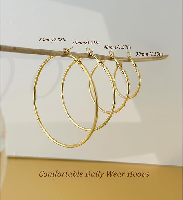 Hypoallergenic 18K Gold Plated Hoop Earrings for Women,Gold Surgical Steel Hoops Earrings, Big Large Thin Hoop Earring for Women, Classic Hoops Everyday Wear 30/40/50/60mm