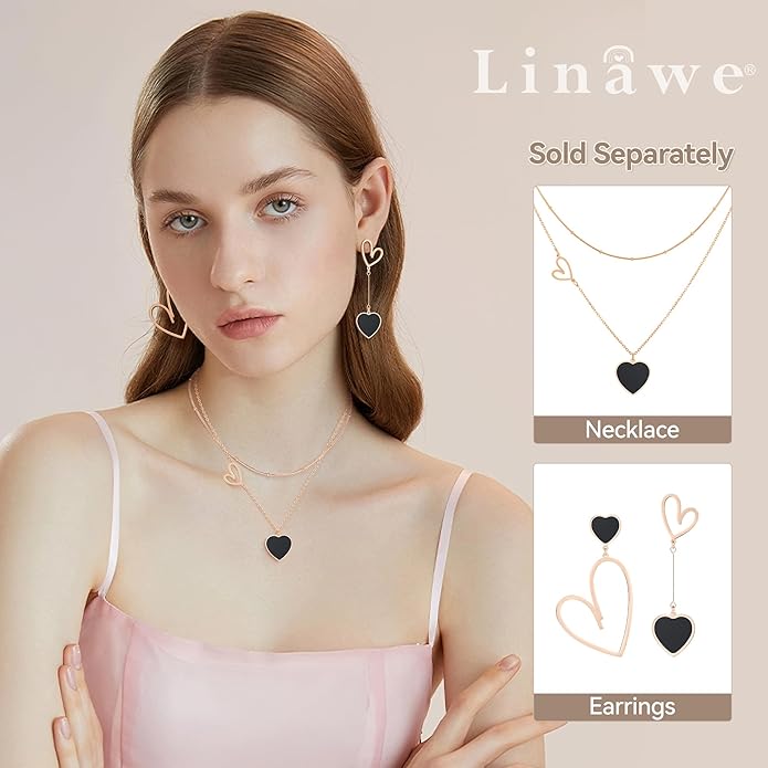 Linawe Layered Choker Heart Pendant Necklace for Women Trendy, Gold/Silver/Rose Gold Chain Stainless Steel Stacked Necklaces, Double Heart Necklace Y2K Preppy Jewelry