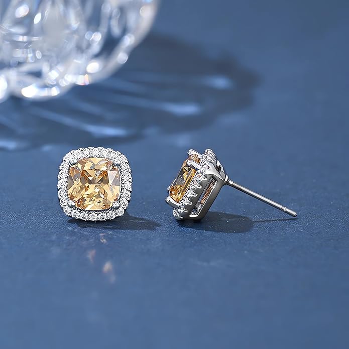 YOMELA Cubic Zirconia Earrings Studs, Halo CZ Birthstone Simulated Diamond Stud Earrings for Women