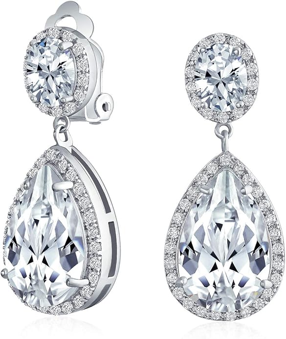 Vintage Style Bridal Cubic Zirconia Simulated Gemstone AAA CZ Halo Dangle Teardrop Chandelier Clip On Earrings For Women Silver Rose Gold Plated in Black Purple Blue Red Rose Pink Green Clear