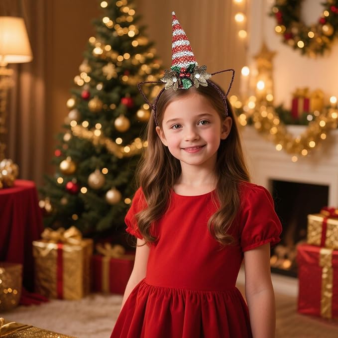 Glittering Christmas Unicorn Headband with Red White Sequined Horn, Hollow-Out Ears, Green Leaves, Red Bells & Gold Flowers - Christmas Cosplay Hairband Festive Party Hair Accessories for Women