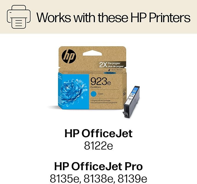 HP 923e EvoMore High Yield Cyan Ink Cartridge | Works OfficeJet 8120 Series, OfficeJet Pro 8130 Series | Carbon Neutral | 4K0T4LN
