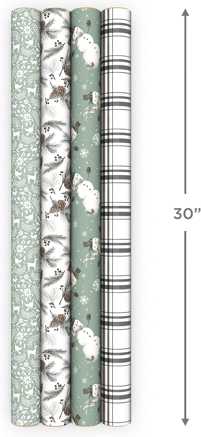 Hallmark Recyclable Neutral Christmas Wrapping Paper (4 Rolls: 100 Sq. Ft. Ttl) White and Sage Green Evergreen Pinecones, Rustic Snowmen, Plaid, Nordic Deer and Foliage