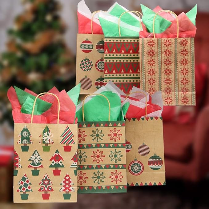 Lulu Home Christmas Gift Bags, 24 Pieces Medium Christmas Kraft Paper Bags with Handle