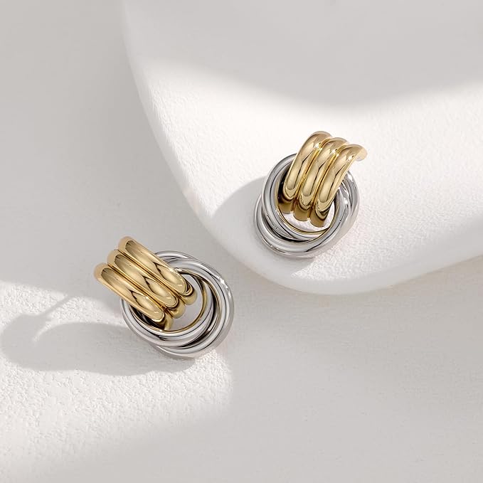 Gold Plated Chunky Gold Earrings for WomenKnot Link Circle Statement Drop Dangle Earrings Studs Trendy Jewelry (L-Size Chunky Earrings)