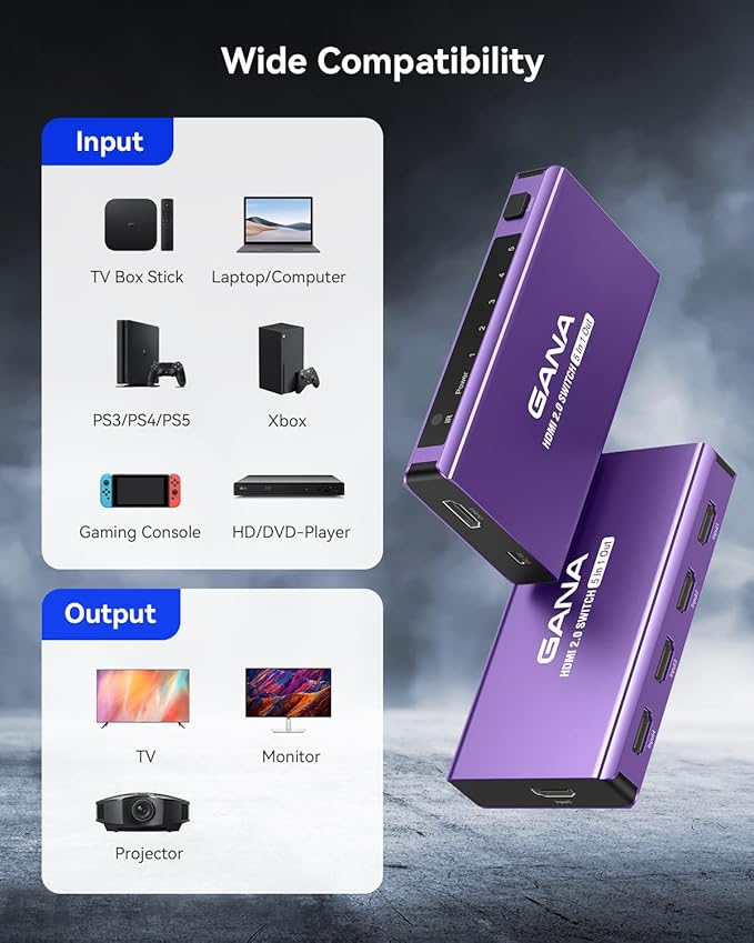 HDMI Switch 5 in 1 Out 4K@60Hz, GANA HDMI Splitter Switcher with Remote, Aluminum HDMI 2.0 Switch Box Hub for 3D, HDCP2.2, HDR, Compatible with Xbox, PS5/4/3,Fire Stick,Roku,Blu-Ray Player, Purple