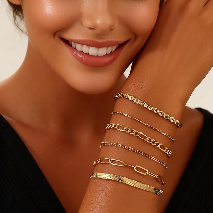 Gold Bracelets for Women, 18K Gold Plated Dainty Paperclip Link Chain Bracelets Thin Cute Stackable Bracelet Pack Fashion Accessories Gifts for Women