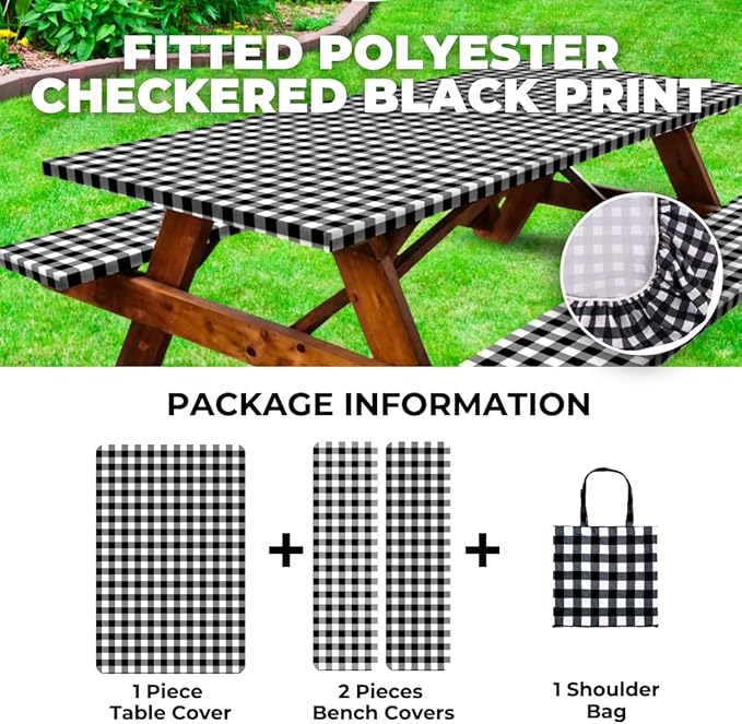 RNOONY 6ft Polyester Picnic Table Cover with Bench Covers Windproof & Waterproof Tablecloth, Perfect for Camping Gifts & RV Essentials, Cool Camping Gadgets with Carrying Bag, 72x30 Inches,4Pcs,Black