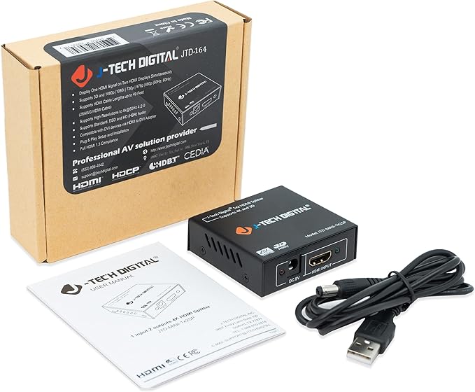 4K@60 HDMI Splitter 1 in 2 out 1X2 Powered Splitter for Dual Monitors by J-Tech Digital [JTD-MINI-1X2SP]