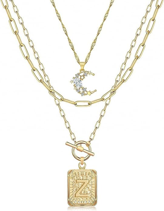 MJartoria Layered Initial Necklaces for Women Trendy, 14K Gold Plated Brass Simple Moon Choker Square Letter Pendant Necklace, Paperclip Chain Necklaces Jewelry Gifts